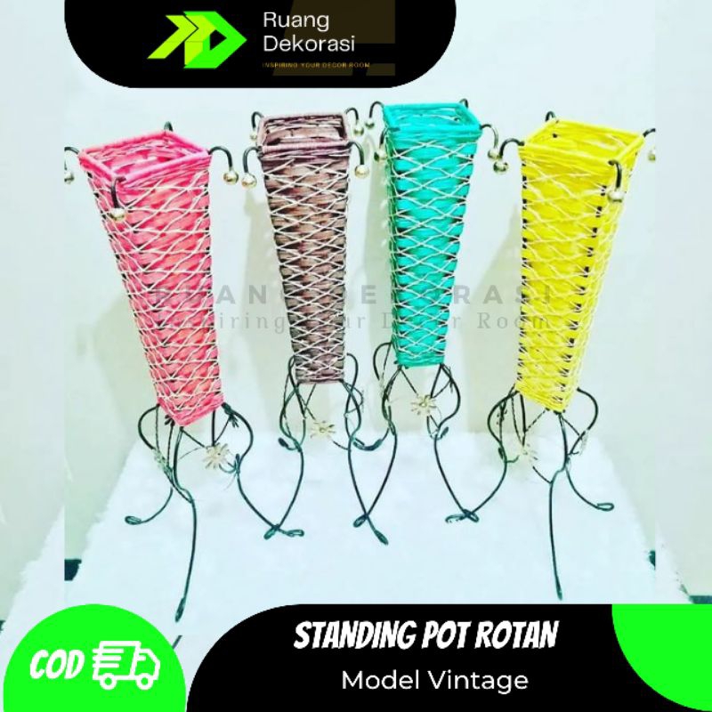 Standing Pot Bunga Besi Pot Bunga Rotan Rak Bunga Besi Anyaman Rotan Vas Bunga Rotan Dekorasi Aesthe