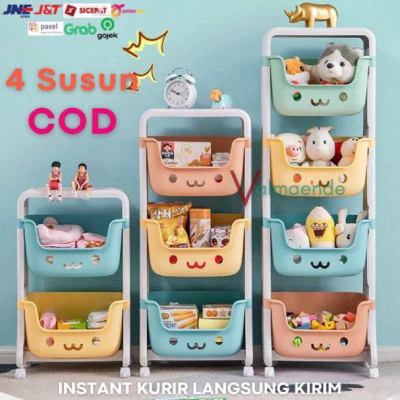 Rak Susun 4 Tingkat Serbaguna Q2 8804 Rak Mainan Anak Lucu Karakter 4 Tingkat + Roda Rak Organizer Kotak Penyimanan