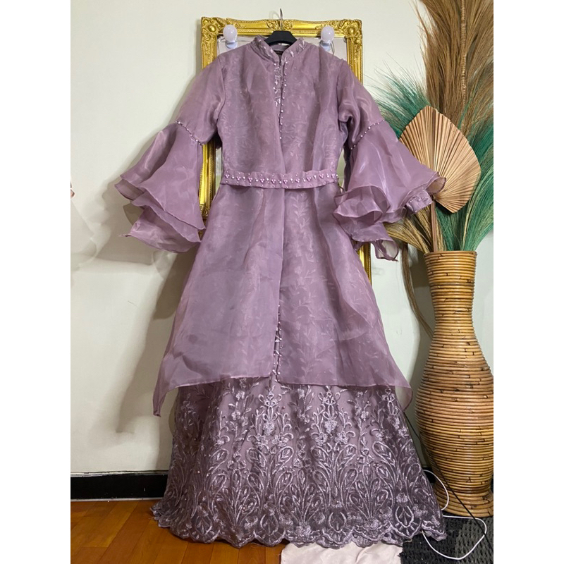 Gaun Gamis Pesta Organza Mewah Tile Brukat Keliling