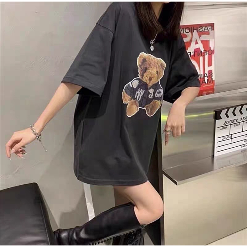 Kaos Couple Oversize Kekinian Vintage Cute Bear Cartoon Pattern Printing Lengan Pendek T-shirt Baju Wanita Hitam