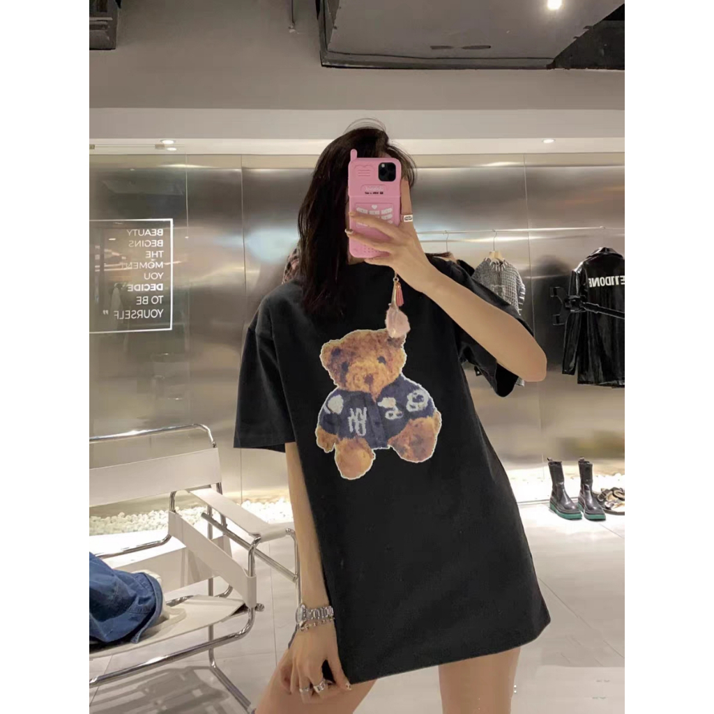 Kaos Couple Oversize Kekinian Vintage Cute Bear Cartoon Pattern Printing Lengan Pendek T-shirt Baju Wanita Hitam