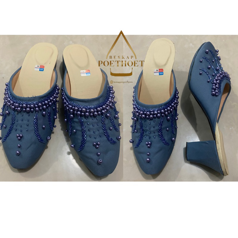 selop sandal sepatu pengantin biru blue denim payet hak sedang tahu 5 cm pria dan wanita sepasang co