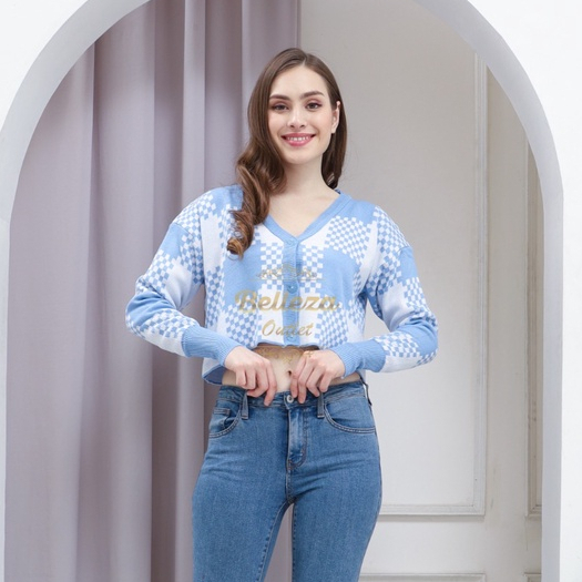 Belleza Outlet baju rajut Cardigan rajut atasan wanita Celline Knit Crop Premium