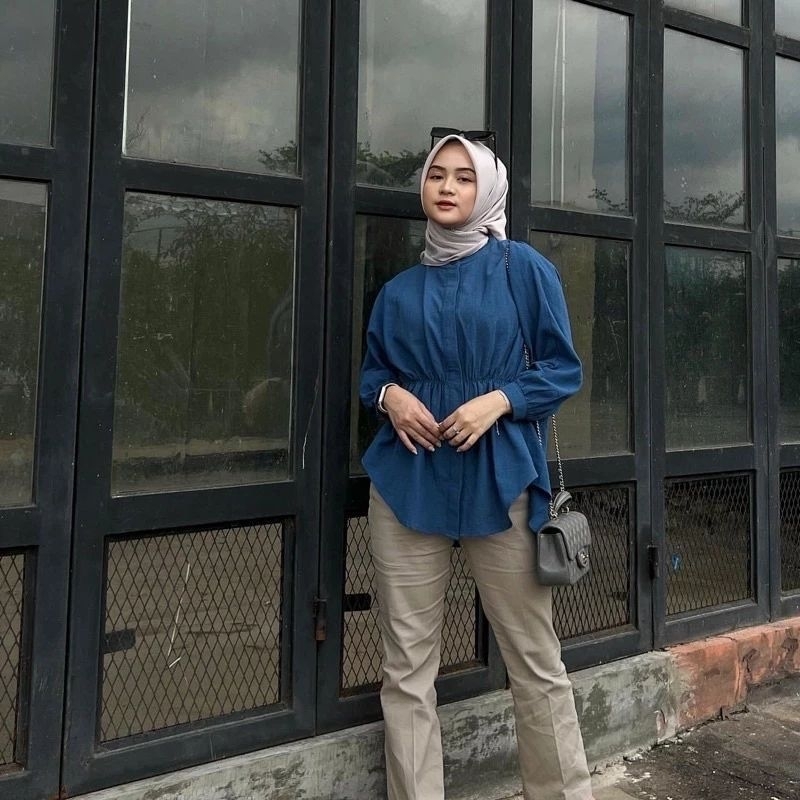 Atasan Kemeja Wanita Oversize Bahan Linen Premium Serut Depaan Karet