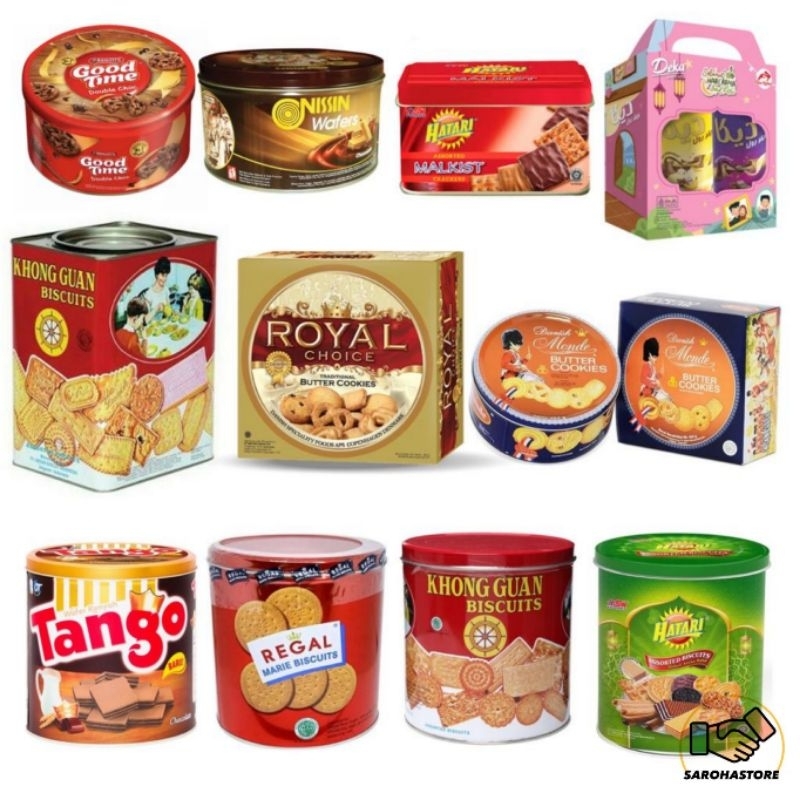 

Nissin Wafer Kaleng / Monde / Royal Choice / Khong Guan / Hatari / Good Time/ Deka / Biskuit Kaleng Hampers Lebaran