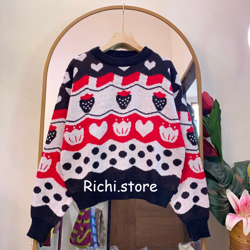 BERRY SWEATER RAJUT 7 GATE MOTIF STROBERI