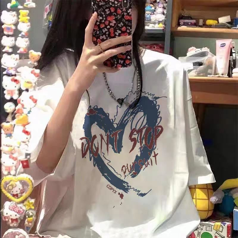 Korean Style kaos putih casual Heart print baju kaos baju oversize wanita/kaos tumbler