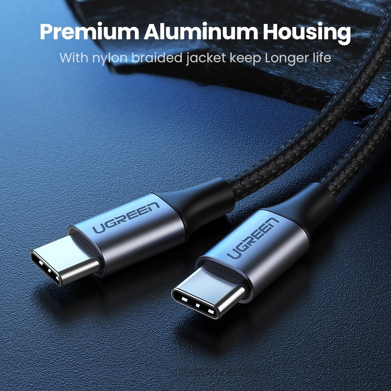 UGREEN ORIGINAL Kabel Data NYLON TYPE C TO TYPE C 100W 5A Super Fast Charging Quick Charge Qualcomm 100 Watt Tipe Ori