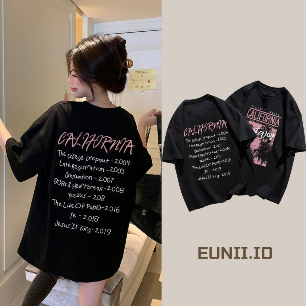 EUNII T-shirt Lengan Pendek Retro Pink Record Korean Style/Kaos Atasan Wanita/Baju Kaus Oversize Wanita/Kaos Wanita