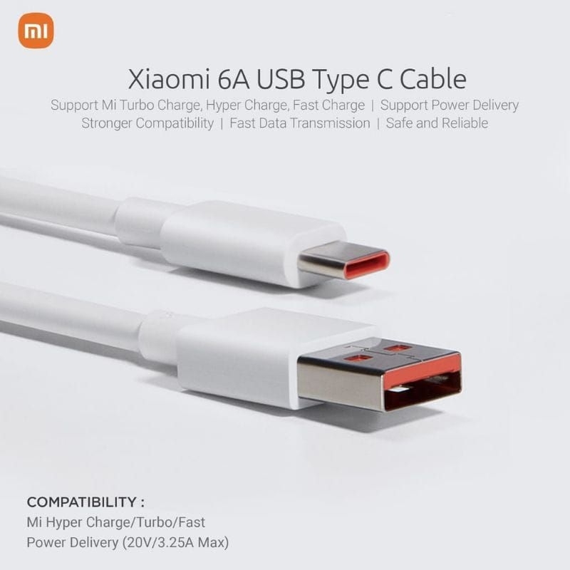 Original Kabel Data Xmi Type C Turbo Charge (6A) Support 65W 55W 33W 27W Rdmi Note 8 9/10 Pro/10S/Poco M3/M4/X3 Pro FAST CHARGING