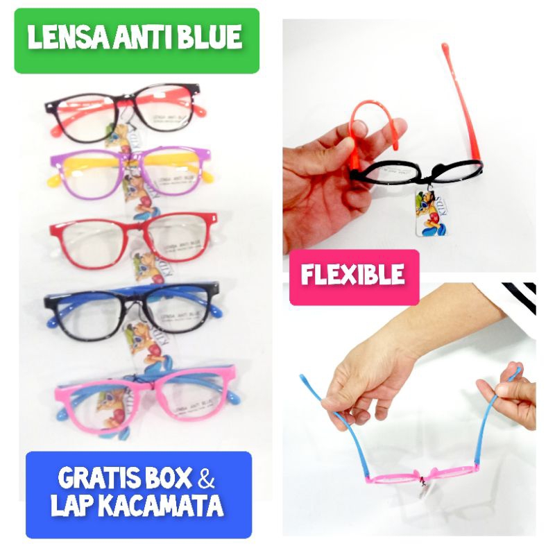 Kacamata anak lensa anti blue radiasi biru lentur fleksibel flexible warna warni hitam ungu merah pi