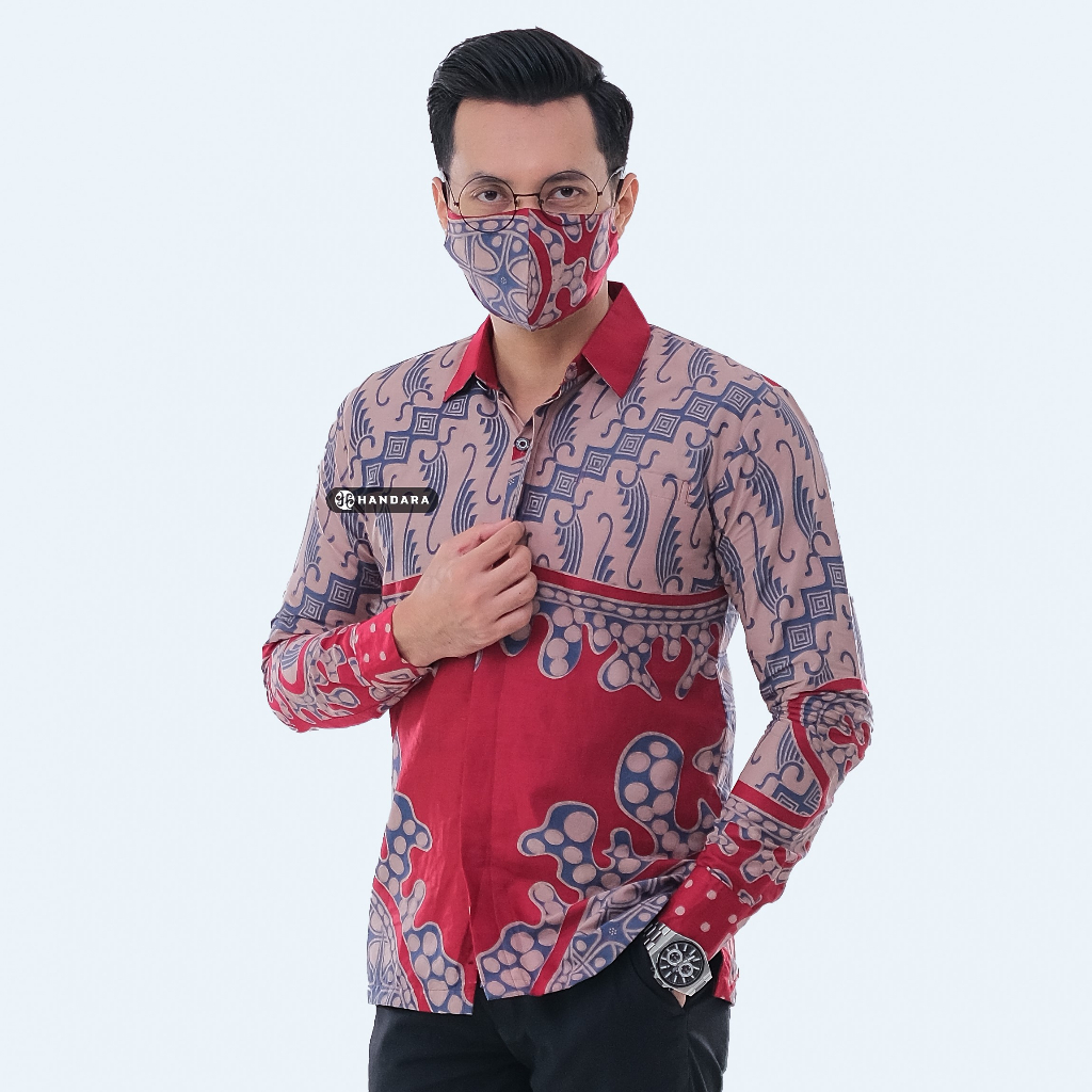 Baju Kemeja Batik Pria Lengan Panjang Slim Fit Premium Modern Full Furing Katun Halus Original Handara Motif Stella Merah Krem HB-286