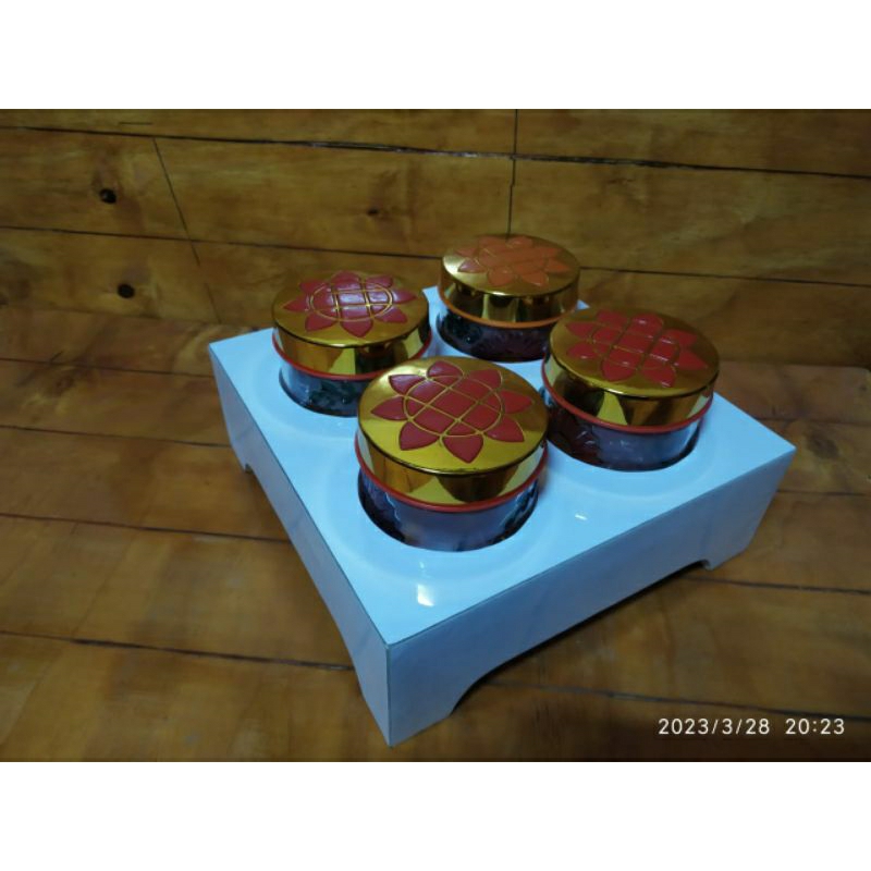 toples kaca + rak toples bahan hpl
