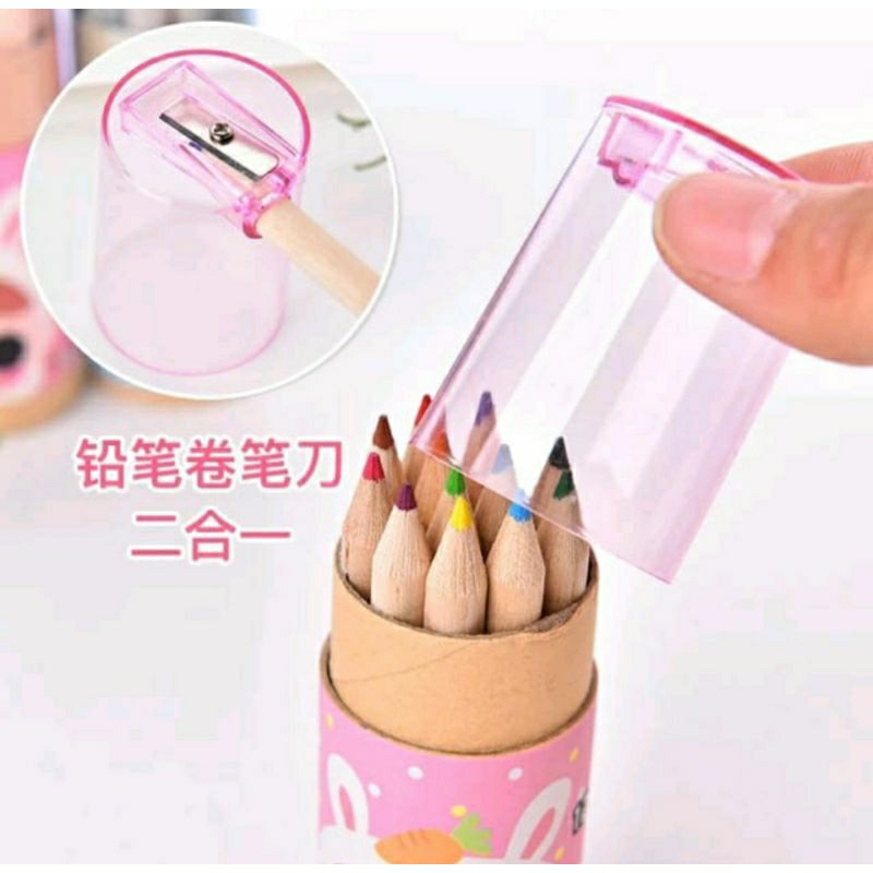 Pensil Warna 12in1 + Serutan Karakter Kemasan Tabung Color Pencil Set 12 Warna Set Alat Gambar