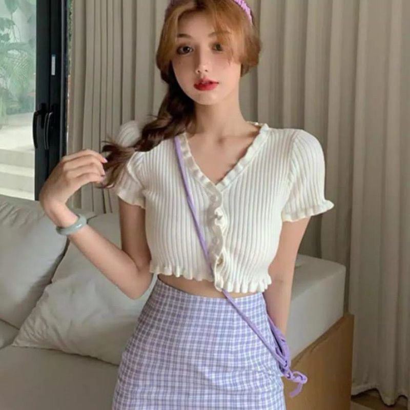 Knit Crop Top Korea Atasan Crop Kriwil Import