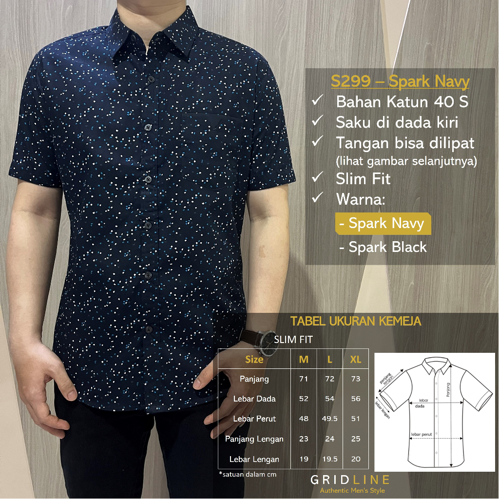 [GRIDLINE - S299 Spark Navy &amp; Black - S267 Signature Black] Kemeja Katun Pria Lengan Pendek Slimfit Simpel Elegan Motif Casual M-XXL