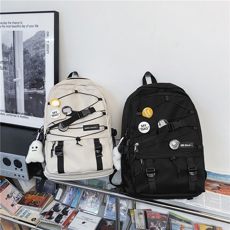 Tas Ransel Backpack Pria Wanita Fashion Bahan kanvas Tas Sekolah Tas Punggung Pria Kekinian Terbaru Free 4 Pcs Bros