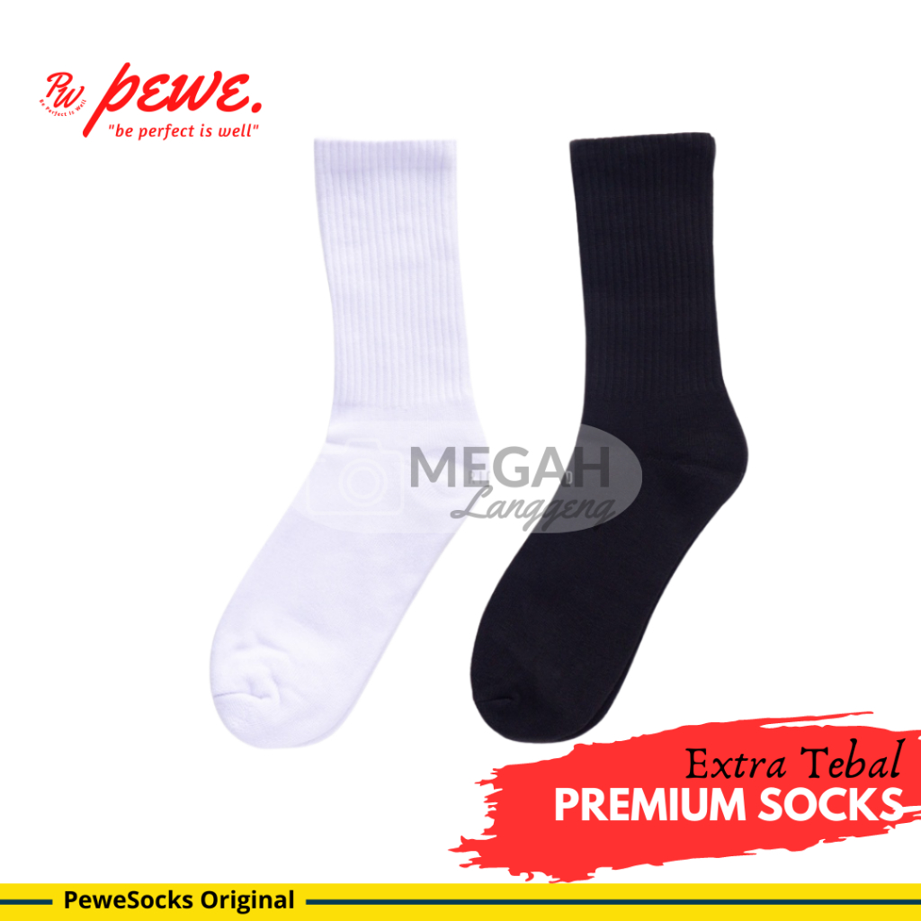 Pewe Kaos Kaki Olahraga wanita / pria , Extra Tebal, Panjang Sebetis, Polos / Kaos kaki sport / olahraga tebal hitam putih panjang sebetis - athletic midcalf crew socks - Megah Langgeng