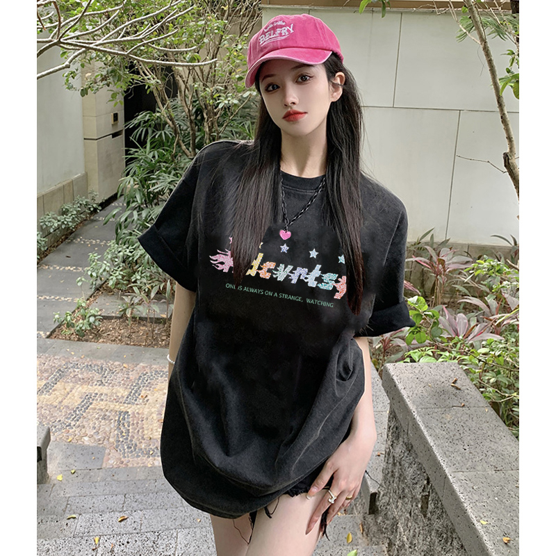 EUNII T-shirt Lengan Pendek Black Washed Color Double Sided Shooting Star Korean Style/Kaos Atasan Wanita/Baju Wanita/Kaos Wanita