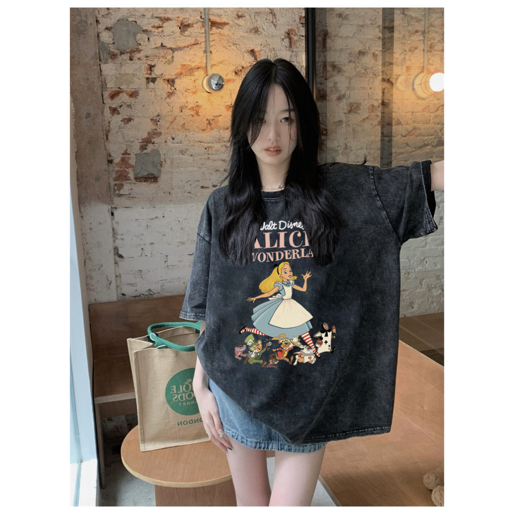 EUNII T-shirt Lengan Pendek Black Washed Retro Cartoon Alice In WonderlandPrinting Korean Style/Kaos Atasan Wanita/Baju Wanita/Kaos Wanita