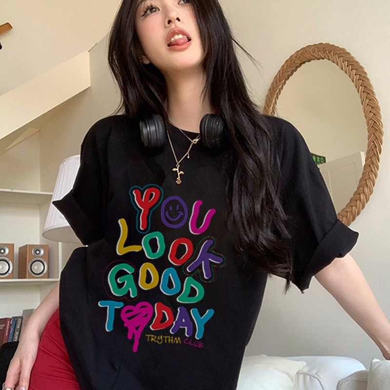 [100%  Katun]Vintage Kaos Lengan Pendek Cream Atasan Wanita Oversize Printed T-shirt Kekinian Korean Style/kaos abstrak wanita