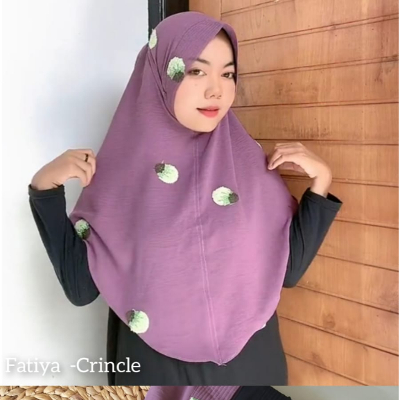 Jilbab Crinkle Bergo Pet Motif Bordir Pompom Permata Brucat 3D Mewah/Jilbab Fatya Harian Pet Tali Me
