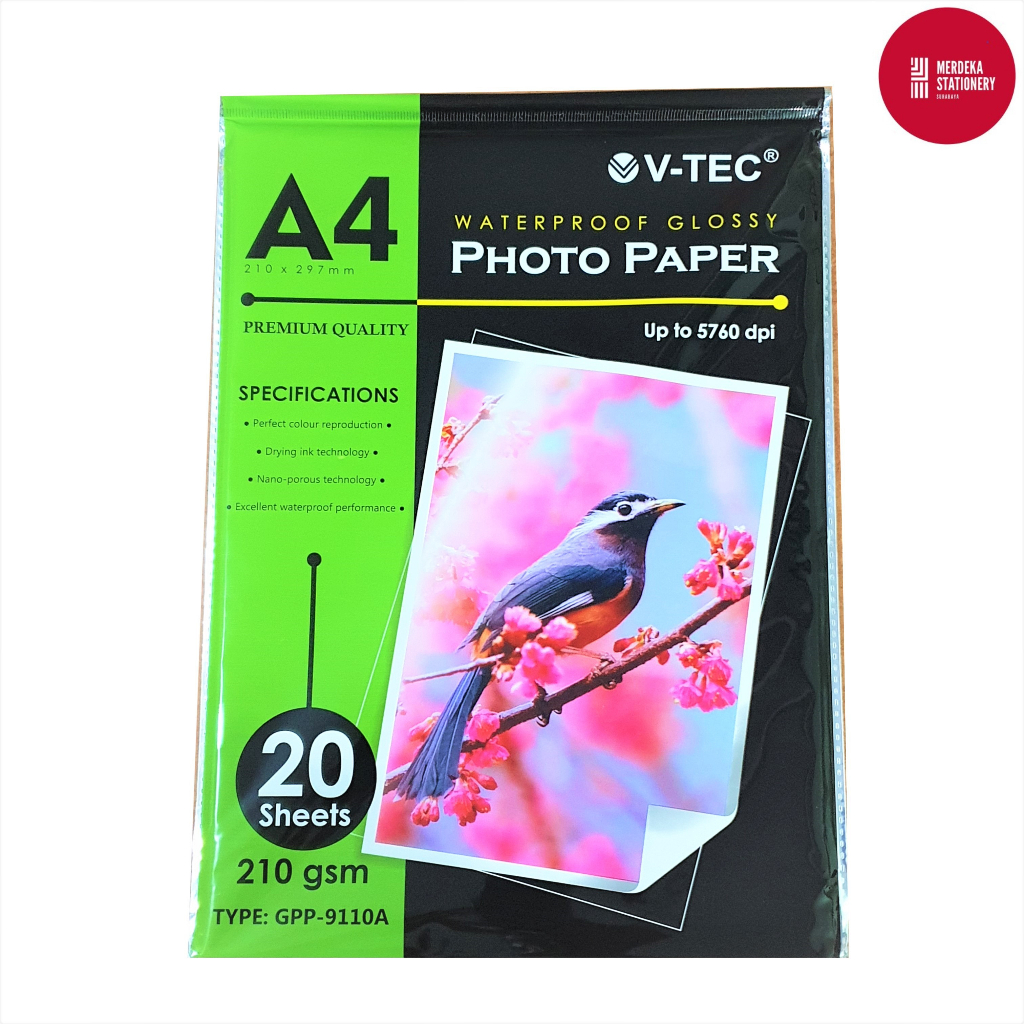 

Kertas Foto Glosy/Glossy Photo Paper V-TEC A4 Tebal 210 Gram/Gsm 20 Lembar GPP-9110A