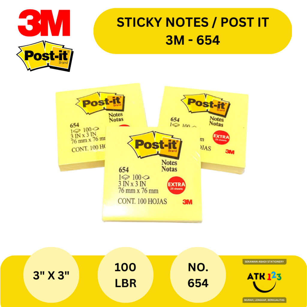 Post It / Sticky Note Merk 3M No. 654 Warna Kuning