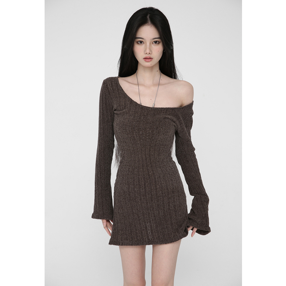 YIU YIU Rajut - Korea Bodycon Square Neck Mini Dress Wanita Sexy Knit Dress Long Sleeves