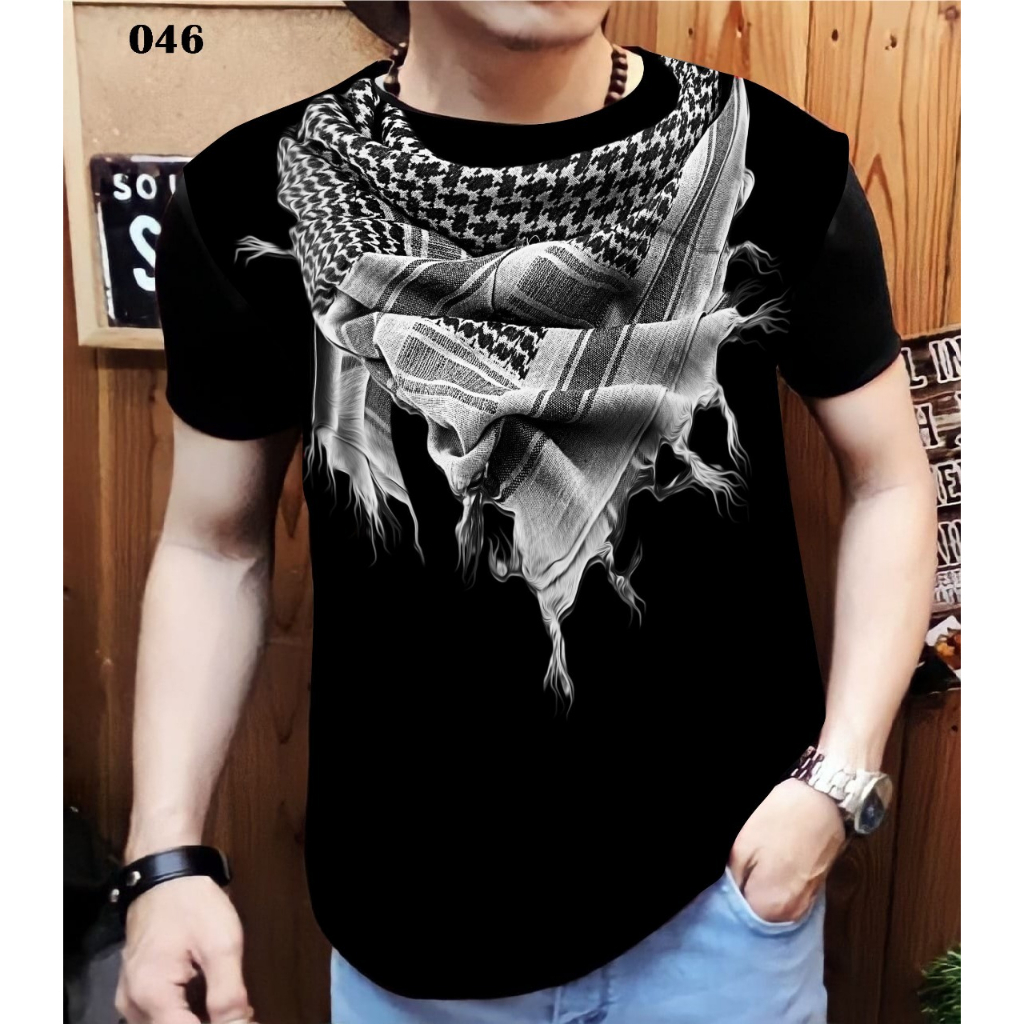 Shalch trendy / Kaos Distro pria motif Sorban Putih-04 Hitam Lengan Pendek / Kaos Pria