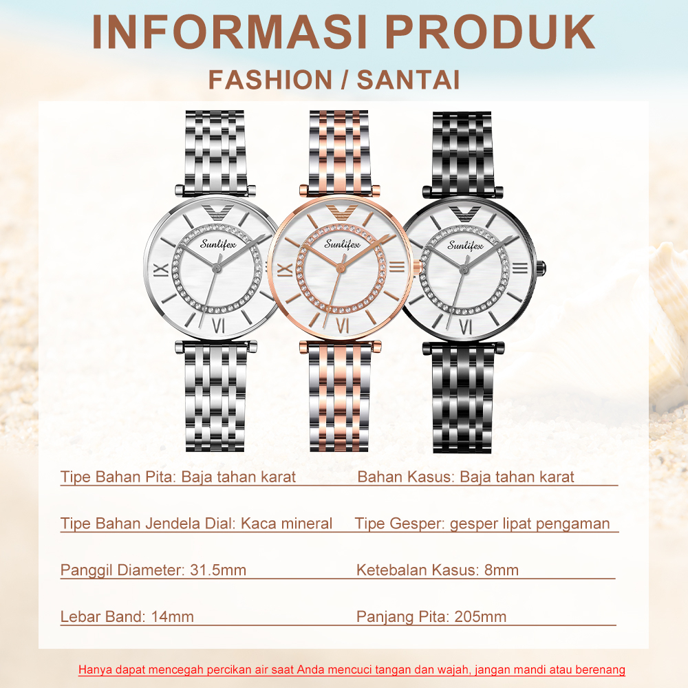 SUNLIFEX Jam Tangan Wanita Original Berlian Putaran Dial Tampilan Jam Tangan Wanita Anti Air Kuarsa Tali Stainless Steel Mode Bisnis Jam Tangan Cewek