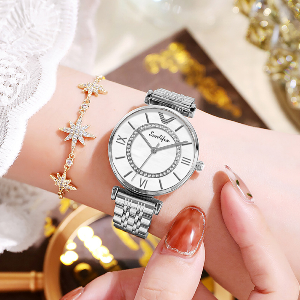 SUNLIFEX Jam Tangan Wanita Original Berlian Putaran Dial Tampilan Jam Tangan Wanita Anti Air Kuarsa Tali Stainless Steel Mode Bisnis Jam Tangan Cewek