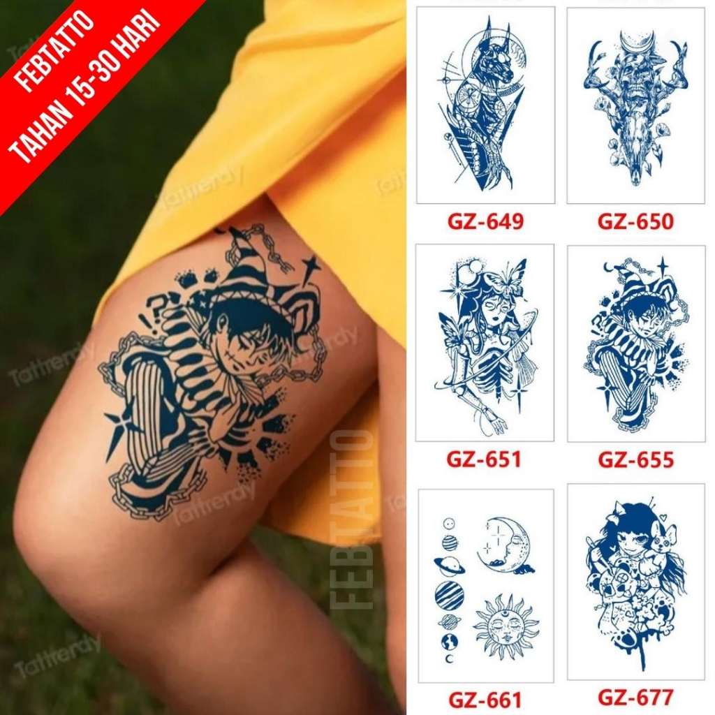 Tato Semi Pemanent Tahan 1 Bulan Ukuran 11cmx18cm Tato Lengan Tato Dada Tato tangan Tato Kaki Tato Punggung Tato Jari  Motif Aesthetic Tatto Temporary Stiker Tato Halal Grosir Tato air motif tengkorak, perempuan, peterpen, planet, matahari, bulan GZ 655