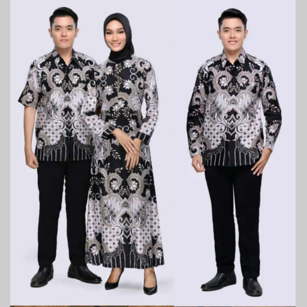 Baju Couple Gamis Hem Kemeja Batik Erina Putih