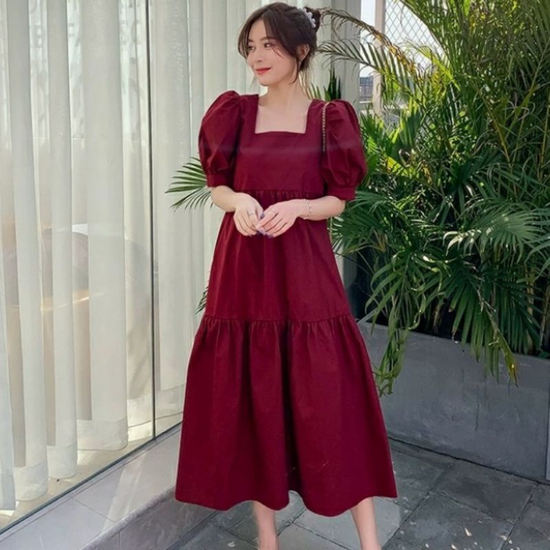 00370 Baju mididress BABYDOLL kerah kotak dres Korea Korean style wanita premium import baju dress g