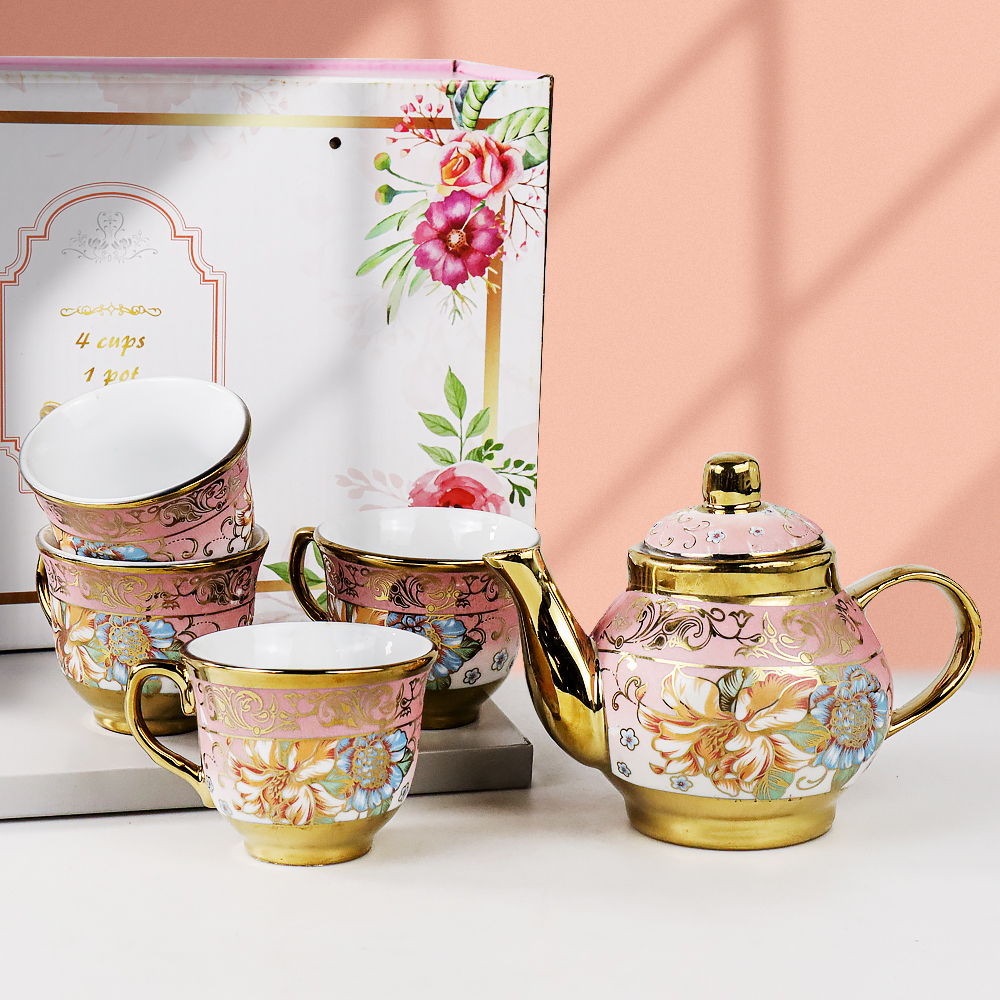 [[PROMO] ]Cangkir Teko Keramik Set 4 Cups 1 Pot European Style Set Teko Cangkir European Cantik Unik