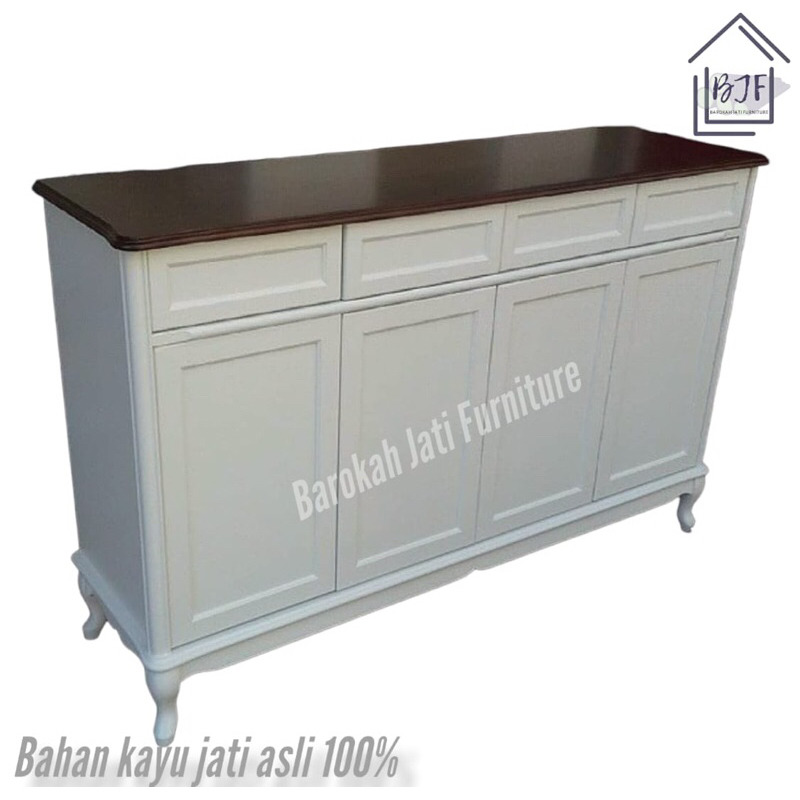 Meja TV Cabinet minimalis duco putih kayu jati