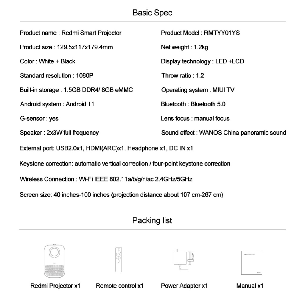 REDMI Projector - FHD 1080P 150 ANSI - RMTYY01YS - Proyektor Android