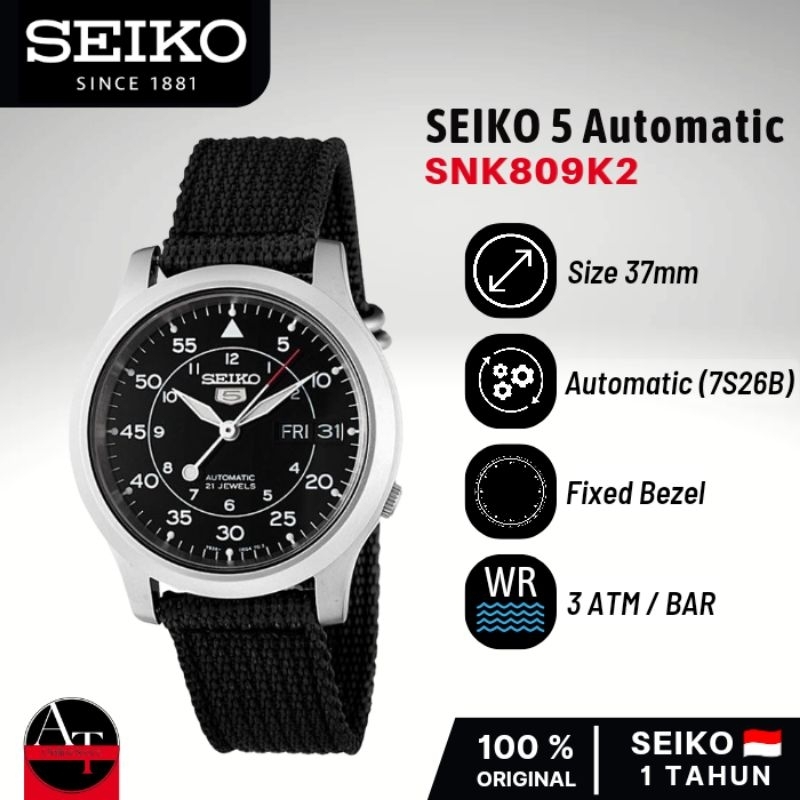 Jam Tangan Automatic Seiko 5 SNK809K2 Day Date Nylon Strap ORIGINAL Resmi