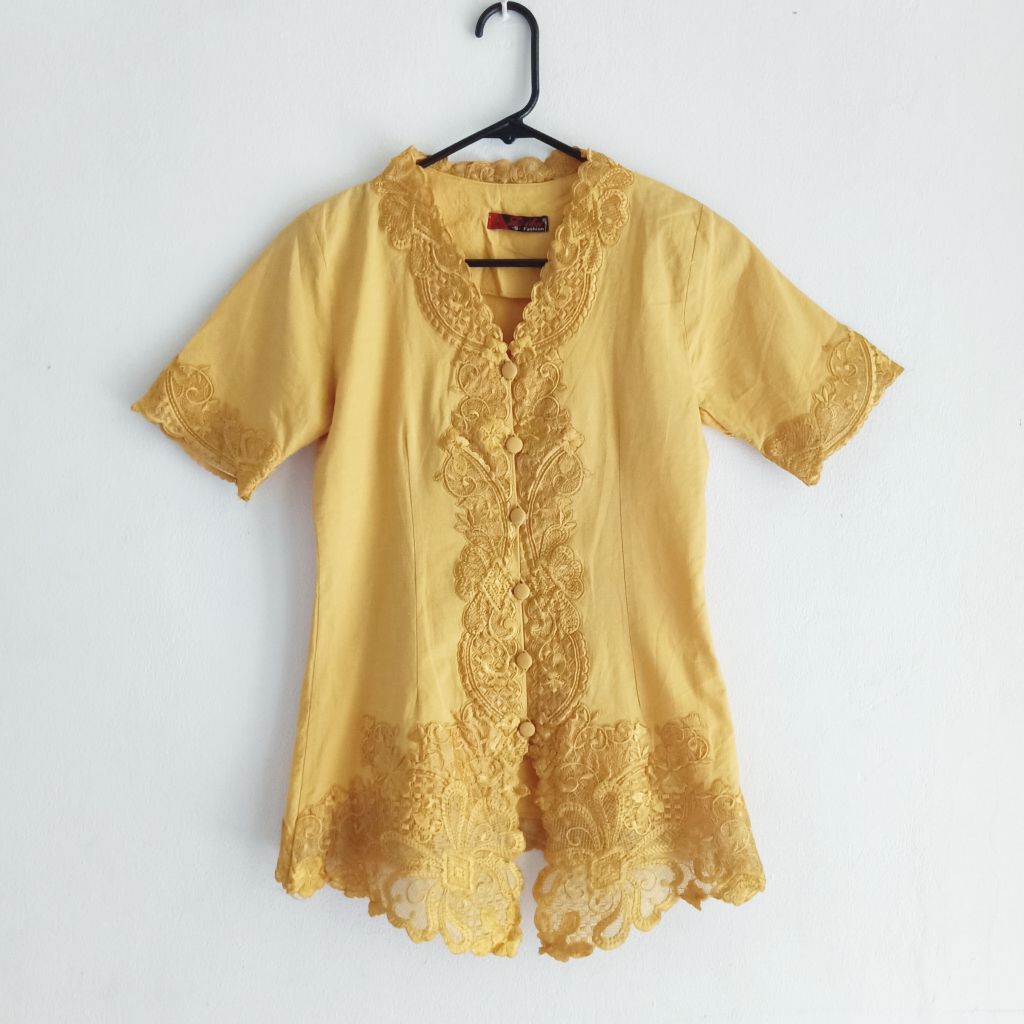 Kebaya Encim Modern Wanita Lengan Pendek Warna Kuning Kunyit / Mustard