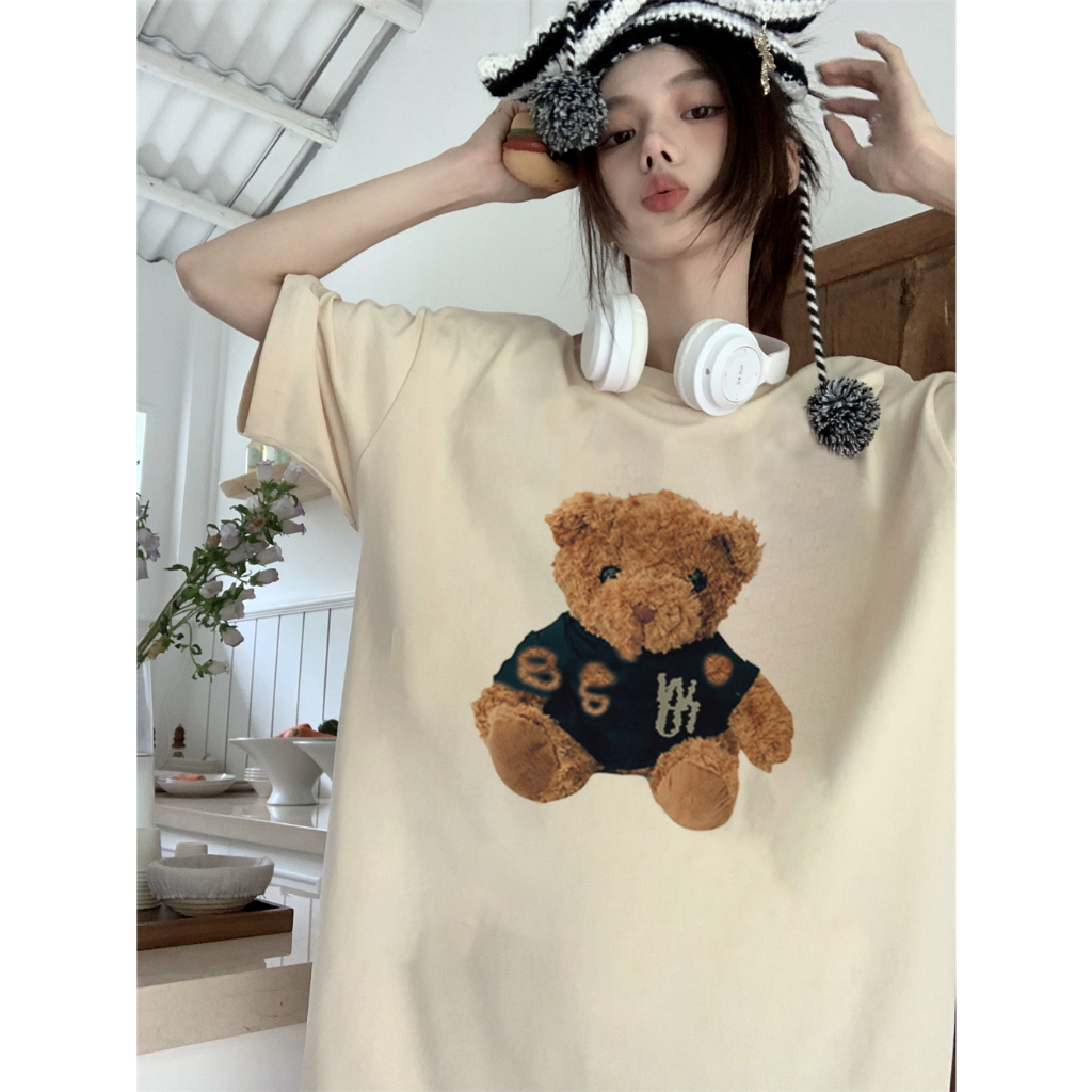 EUNII T-shirt Lengan Pendek Cute Teddy Bear Korean Style/Kaos Atasan Wanita/Baju Kaus Oversize Wanita/Kaos Wanita