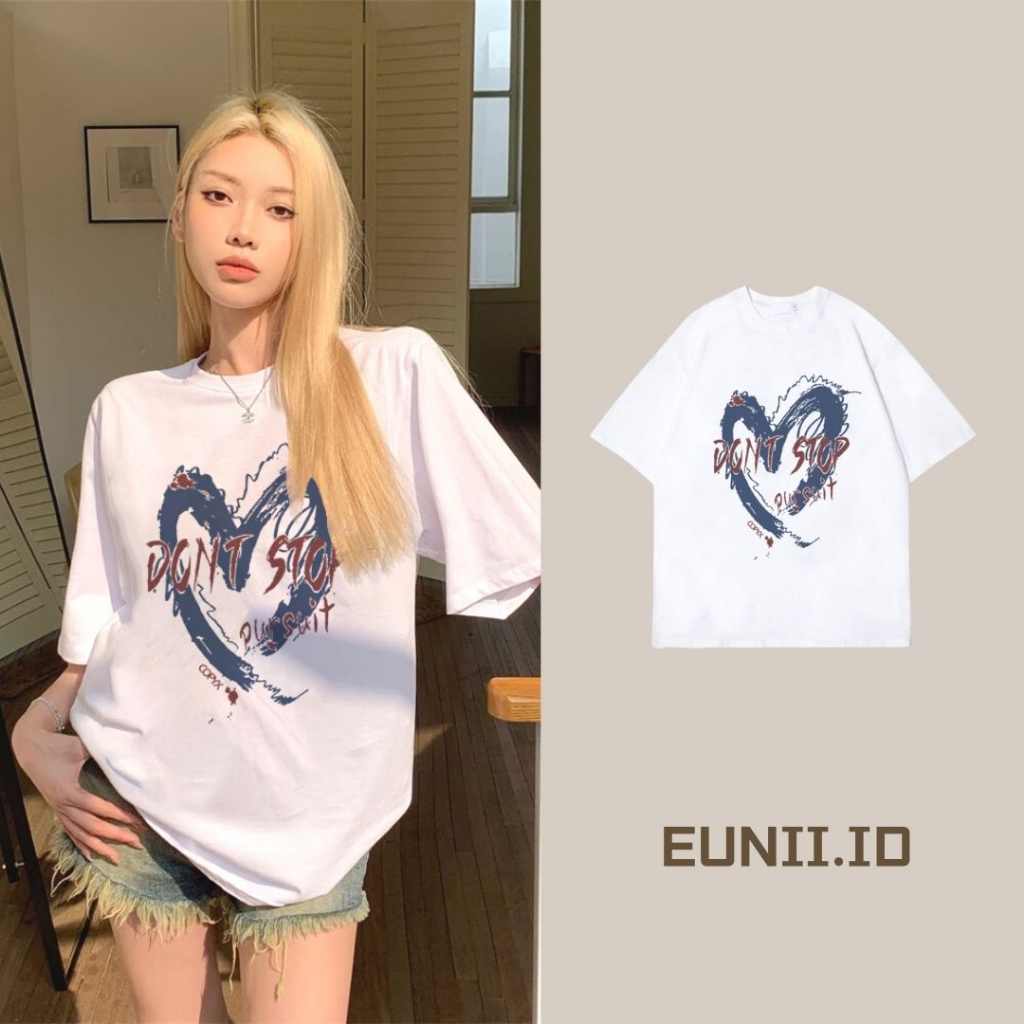 EUNII T-shirt Lengan Pendek Vintage Blue Heart Korean Style/Kaos Atasan Wanita/Baju Kaus Oversize Wanita/Kaos Wanita