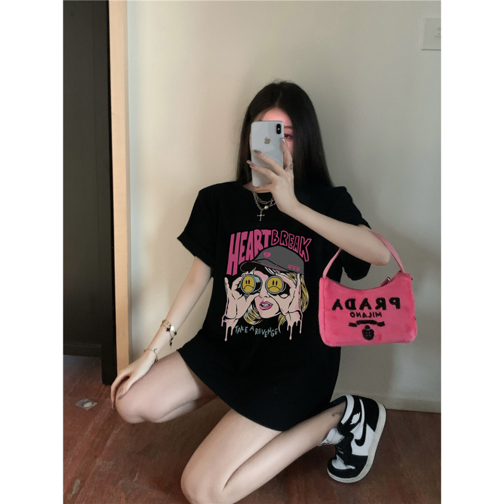 EUNII T-shirt Lengan Pendek Retro Pink Heart Break Korean Style/Kaos Atasan Wanita/Baju Kaus Oversize Wanita/Kaos Wanita