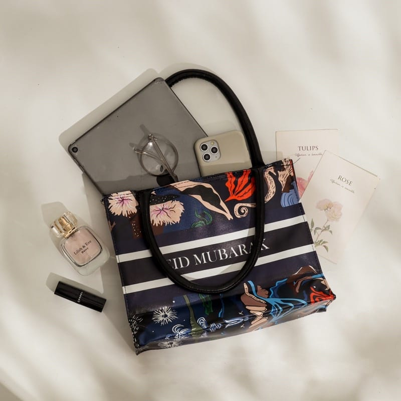 Tas Hampers Lebaran Dengan Resleting Bahan Kulit Printing Tas Hantaran Idul Fitri Goody Bag SpunBund