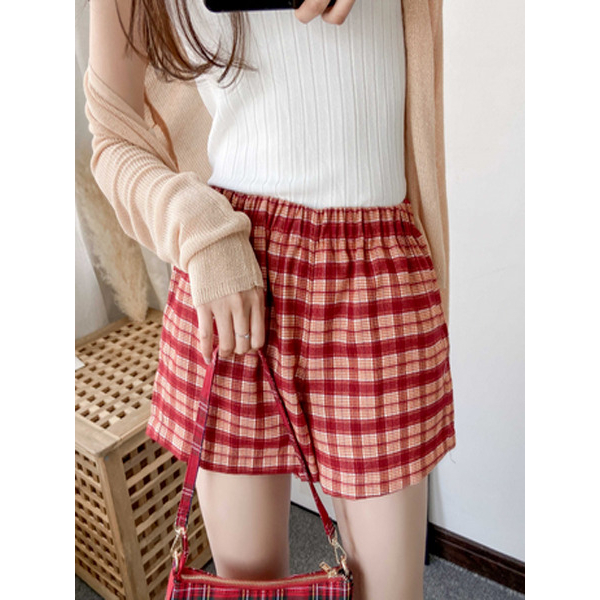 CELANA PENDEK CELANA KASUAL WANITA MOTIF KOTAK KOREAN STYLE