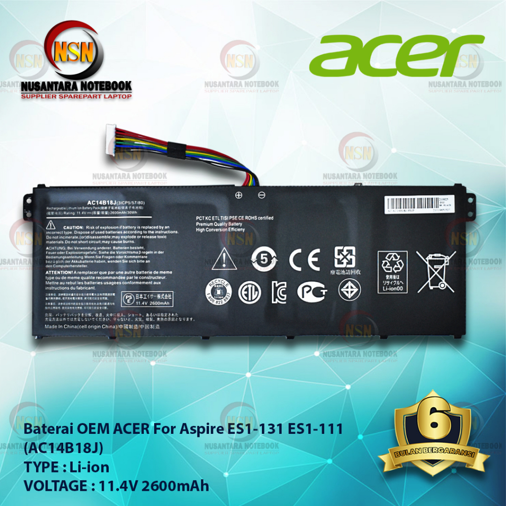 Baterai OEM Laptop Acer Aspire E3 E3-111 E3-371 V3-111 ES1-111 ES1-511 11.4V 2600mAh AC14B18J