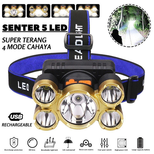 Senter Kepala 5 LED Headlamp Lampu Cas Super Terang 4 Mode Cahaya USB Rechargeable Waterproof