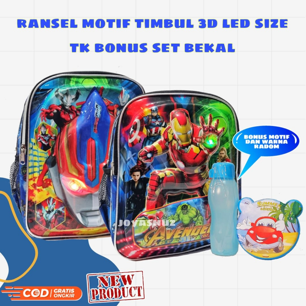 Tas Anak Sekolah Laki-Laki - Ransel Anak 3D LED - Tas Karakter Avangers - Ultraman - Tas Timbul Berbonus - Tas Banyak Bonus