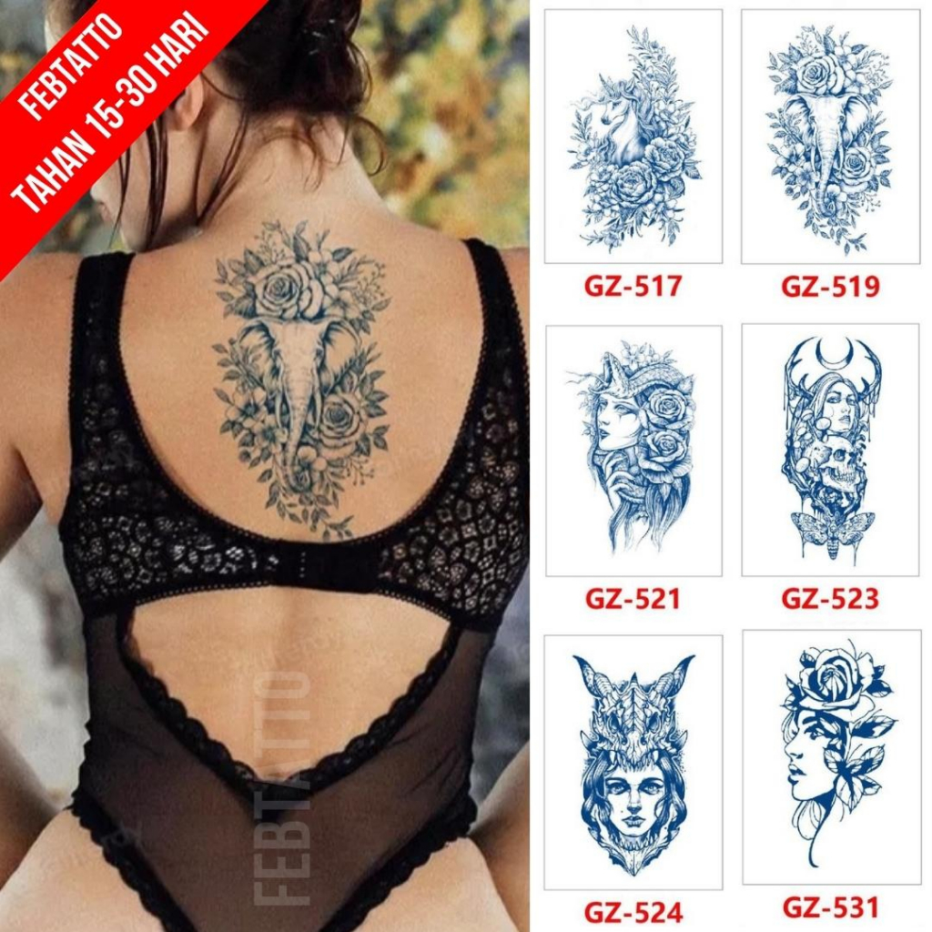 FRUIT INK Tato Semi Pemanent Tahan 1 Bulan Ukuran 11cmx18cmTato Lengan Tato Dada Tato tangan Tato Kaki Tato Punggung Tato Jari  Motif Aesthetic Tatto Temporary Stiker Tato Halal Grosir Tato air motif perempuan, kuda, gajah, bunga GZ 519