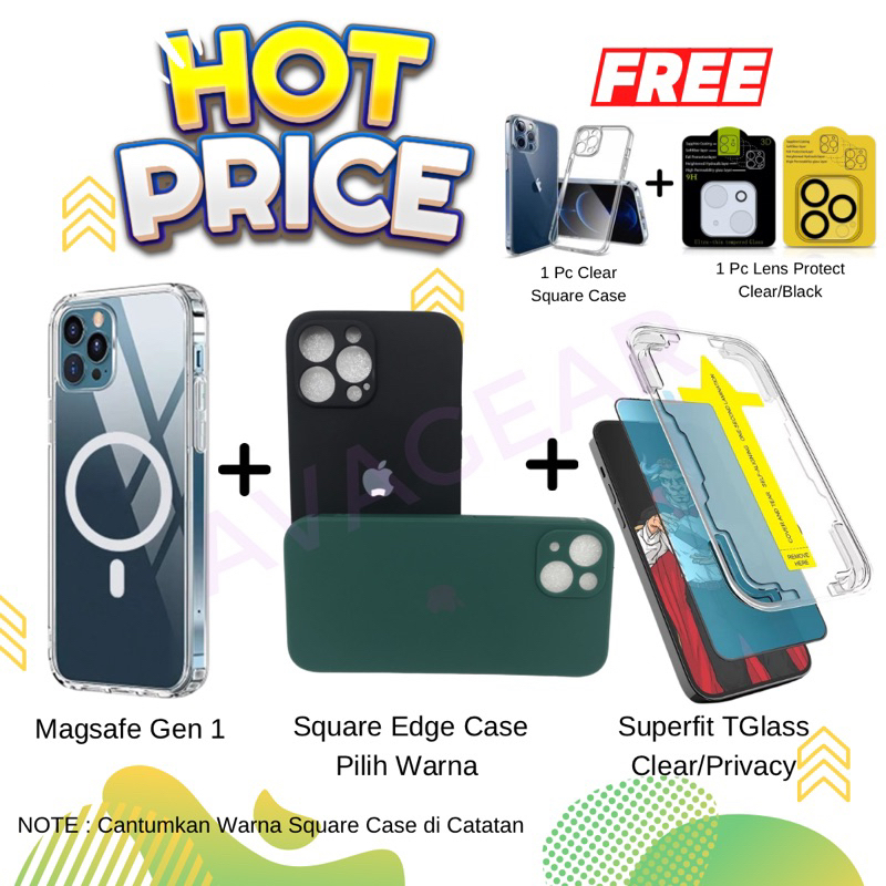 Bundling 3 FREE 2 Isi Magsafe Gen 1 + Square Edge TPU Case + Magic Superfit Tempered Glass BONUS Silicone Clear + Lens Camera Protector Compatible With iPhone X XS XR 11 12 13 Pro Max 14 Plus